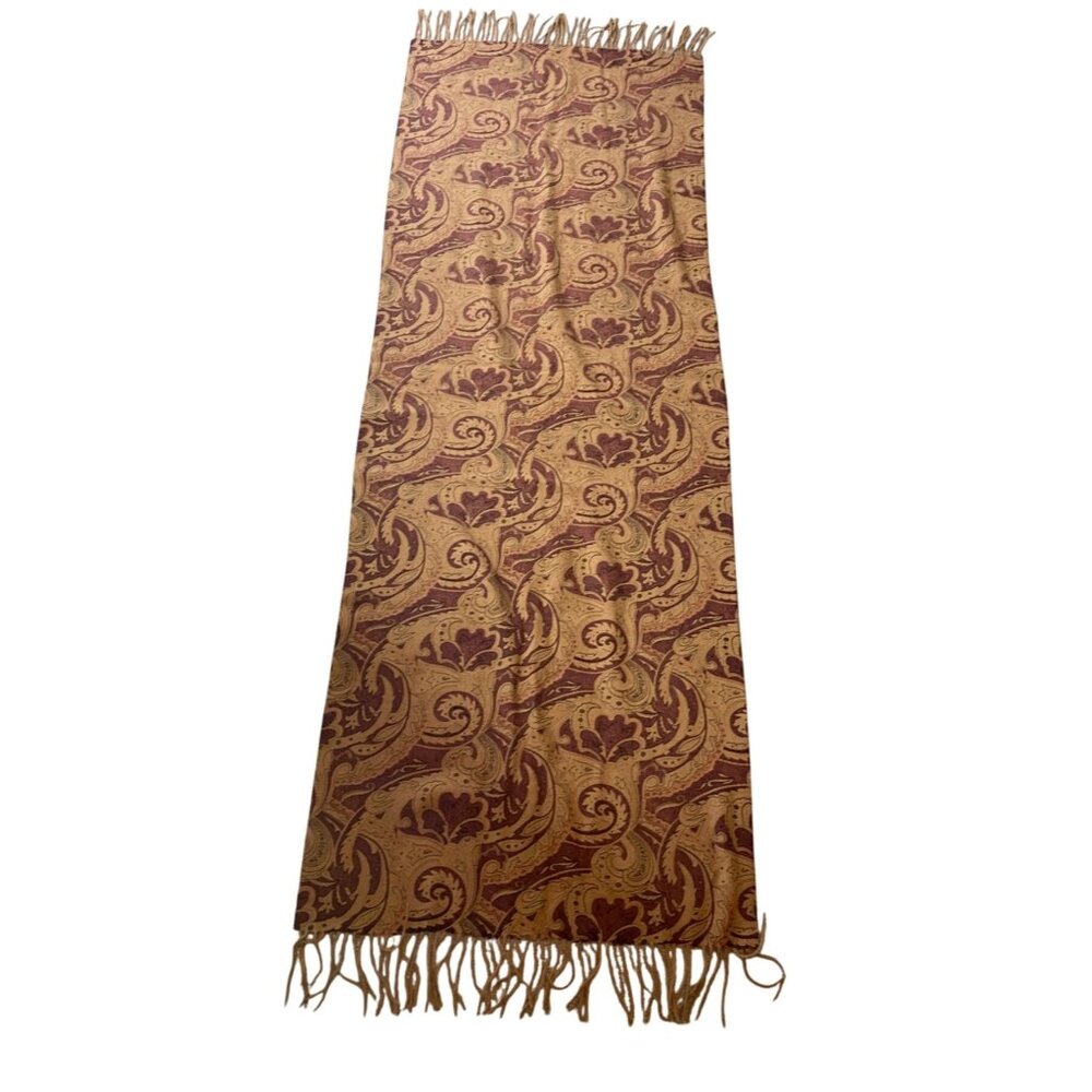 Reversible Fringed Scarf Brown Red Paisley & Leopard Print Design 70" X 26"